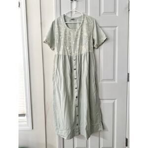 Cotton USA Light Blue Wash Graphic Print Loose Button Dress Vintage Lagenlook L